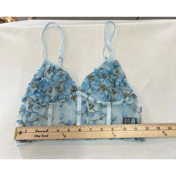 Blue Floral Embroidered Mesh Crop Bralette Adjustable Straps Size S - Picture 9 of 9